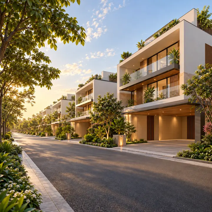 Vaishnavi Villas Sarjapur Road street of three-level villas with flat terraces, artist's impression Vaishnavi Villas Sarjapur Road street of three-level villas with flat terraces, artist's impression